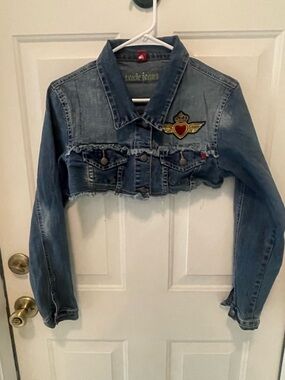 Cropped Blue Denim Jacket with Heart Patch